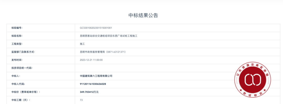“昆明西客站综合交通枢纽项目东西广场试桩工程施工”中标公示截图