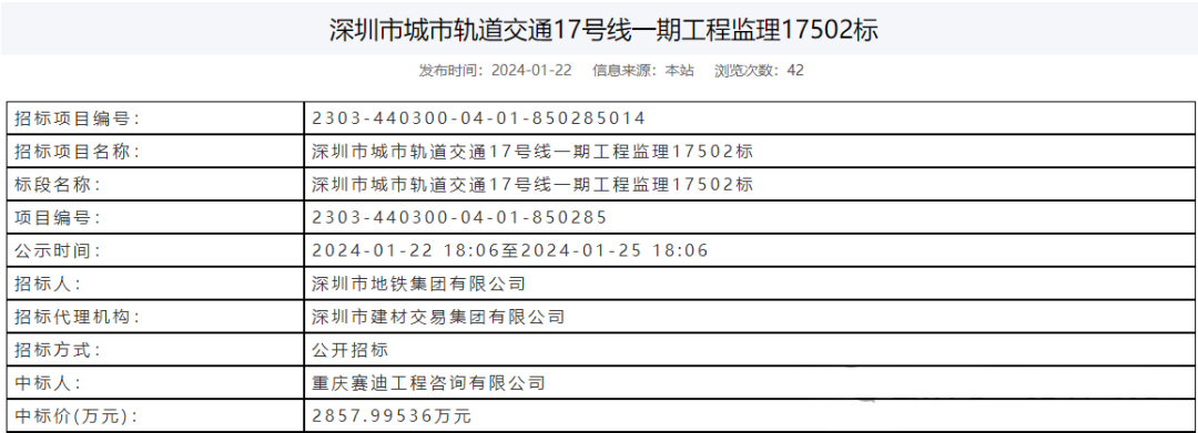 中标丨深圳地铁17号线一期全线监理招标结果出炉！(图2)